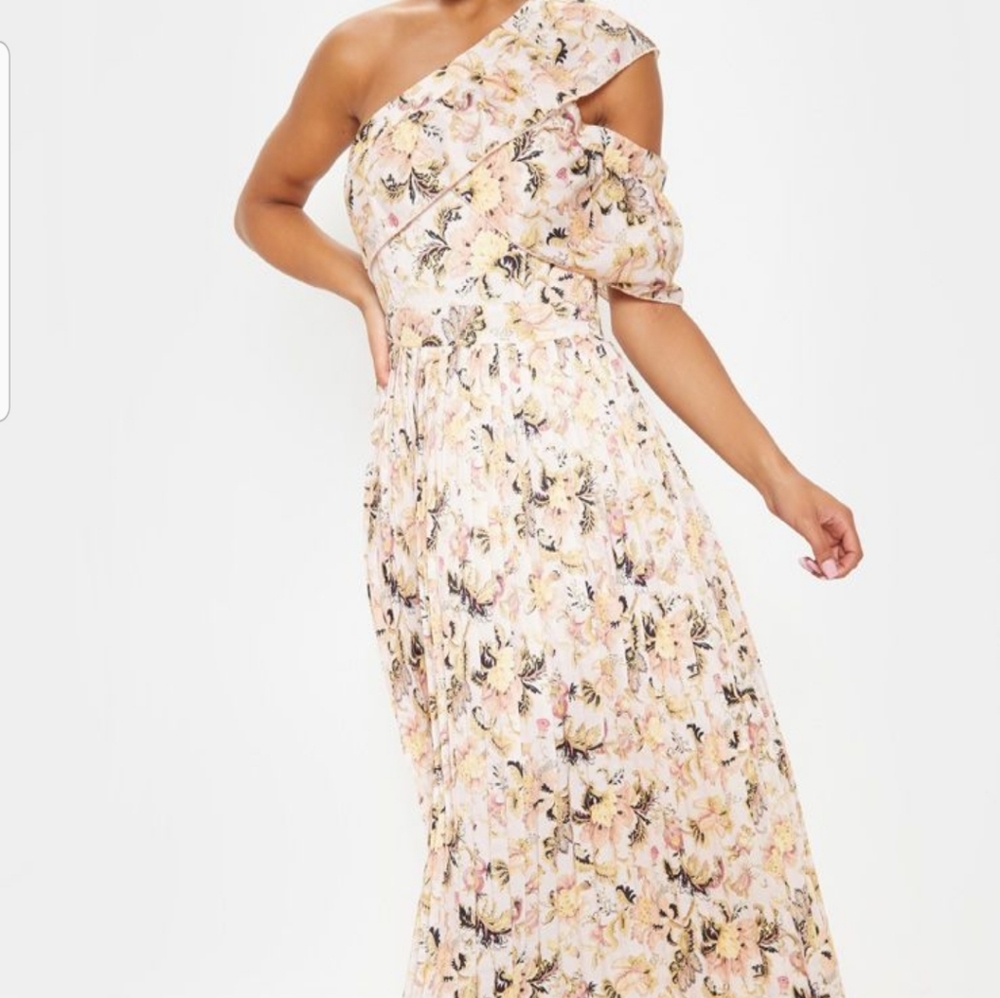 Nude floral one shoulder maxi dress